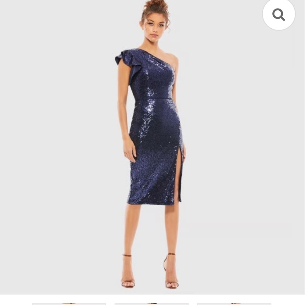 Mac Duggal One-Shoulder Navy Sequin Midi Dress
